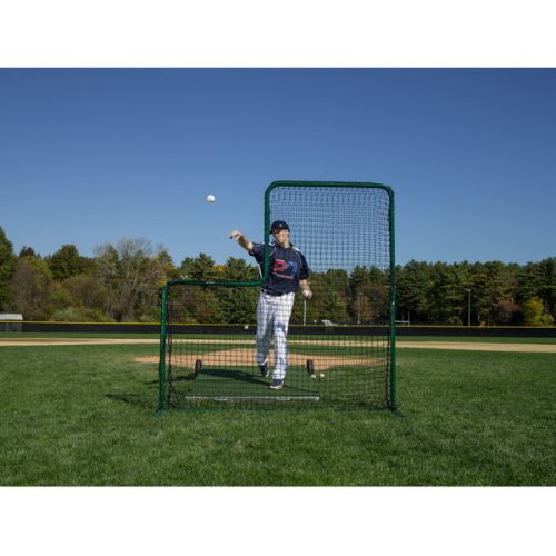 6 inch portable pitching platform with wheels front view behind the l screen