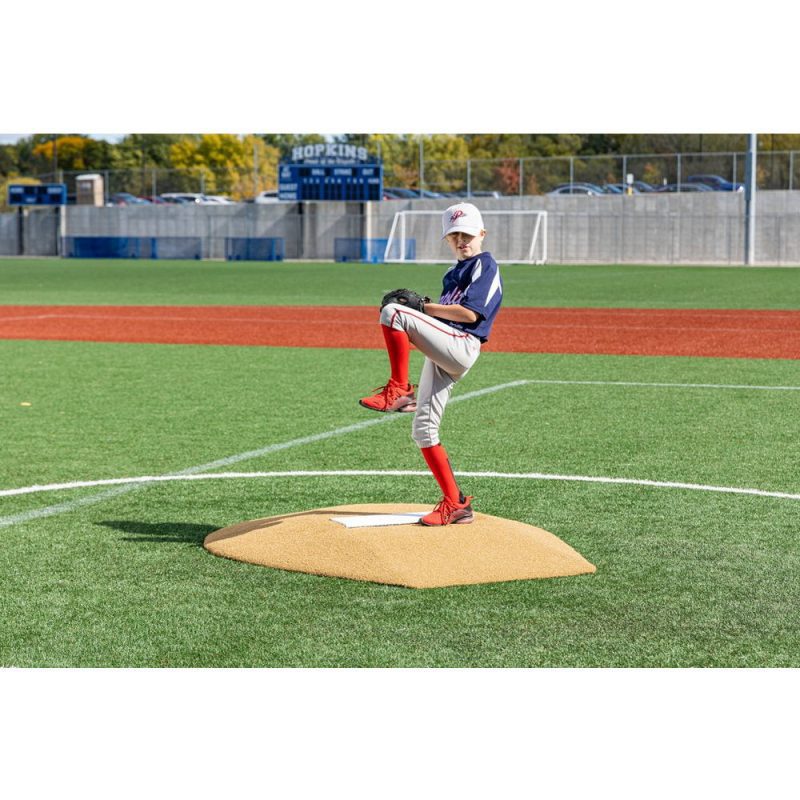 PortoLite 6 inch Stride Off Portable Youth Pitching Mound For Baseball Tan semi front view player pitching