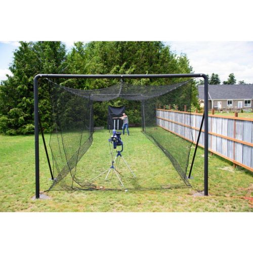 iron horse commercial batting cage system outdoor setup with pitching machine