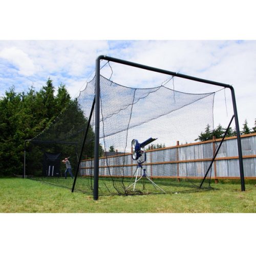 iron horse commercial batting cage system outdoor side view with pitching machine