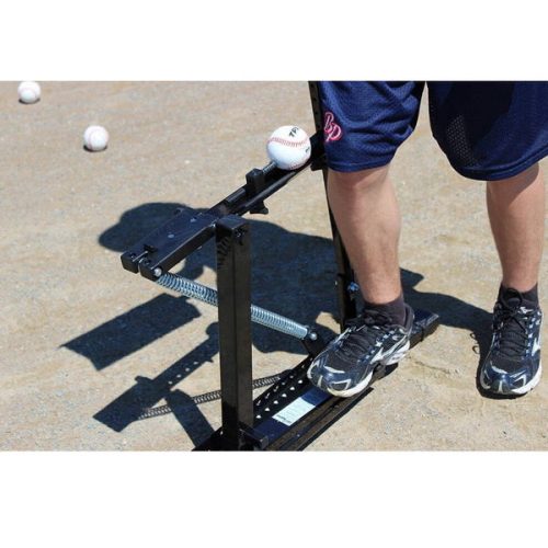 louisville slugger black flame pitching machine close up view in use