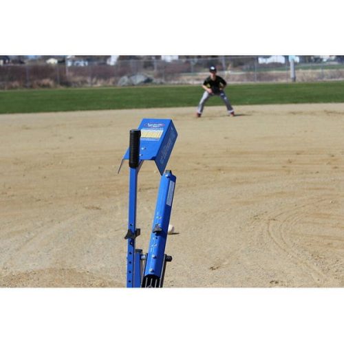 louisville slugger blue flame pitching machine upm45 on the field with catcher